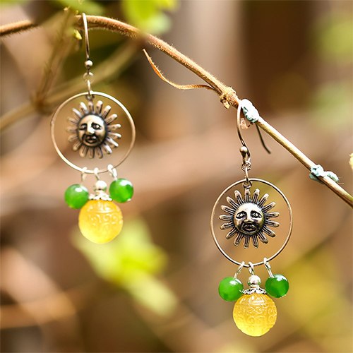 Statement Luxurious 925 Sterling Silver Big Drop Earrings Round Circle Sunflower Shape with Jasper Beeswax Dangle Brincos