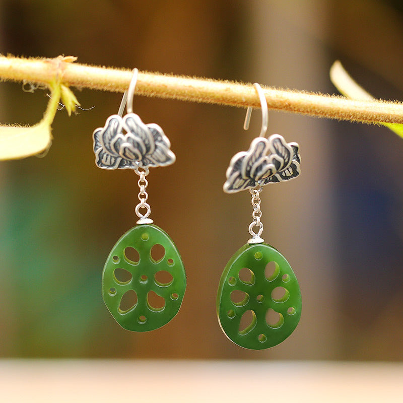 Upscale Drop Earrings 925 Sterling Silver Lotus with Jasper Natural Jade Root Pendant Unique Fine Jewelry Brincos Women