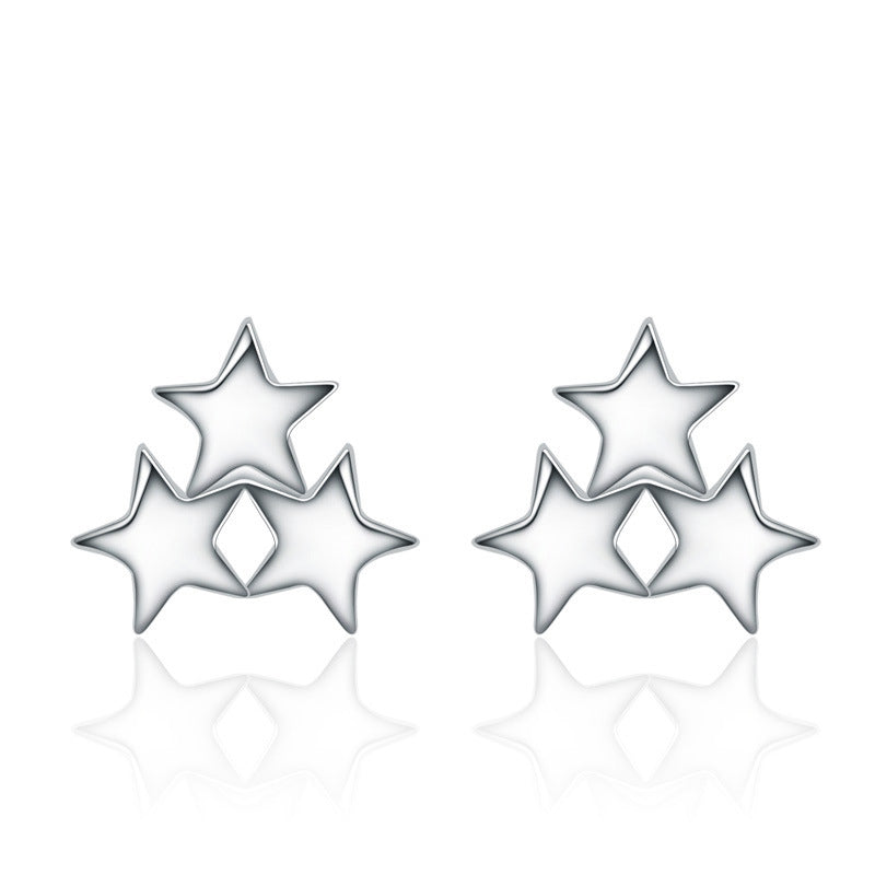 Very Cute Elegant Design S925 Sterling Silver 3pcs Stars Shape Stud Earrings Rhodium Plated Ear Brincos for Women Bijoux