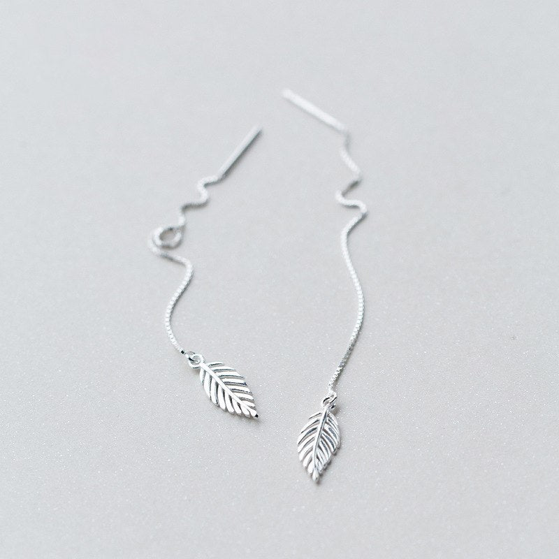 Vintage Simple Design S925 Steling Silver Long Chain Drop Earrings Leaf Shape Pendant Dangle Brincos For Women Jewelry