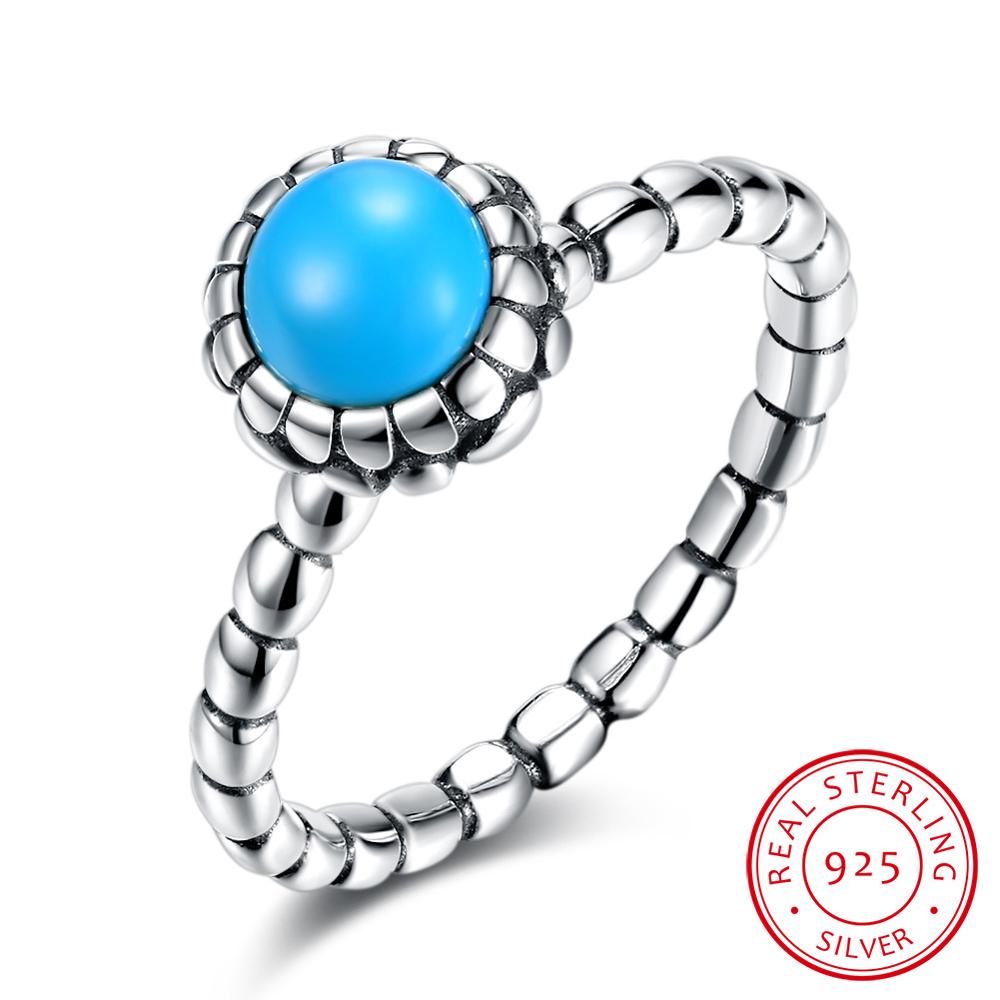 Vintage Thai Silver Ring S925 Sterling Round Shape Blue Color Turquoise Fine Jewelry For Women Girl Wedding Party Gift