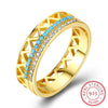 Vintage Yellow Gold Plated Ring S925 Sterling Silver with Turquoise Clear CZ Crystal Fine Jewelry for Women Wedding Gift
