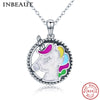 925 Sterling Silver Exquisite Round Diverse Color Cute Little Unicorn Memory Pendant Necklace for Women Wedding Gift
