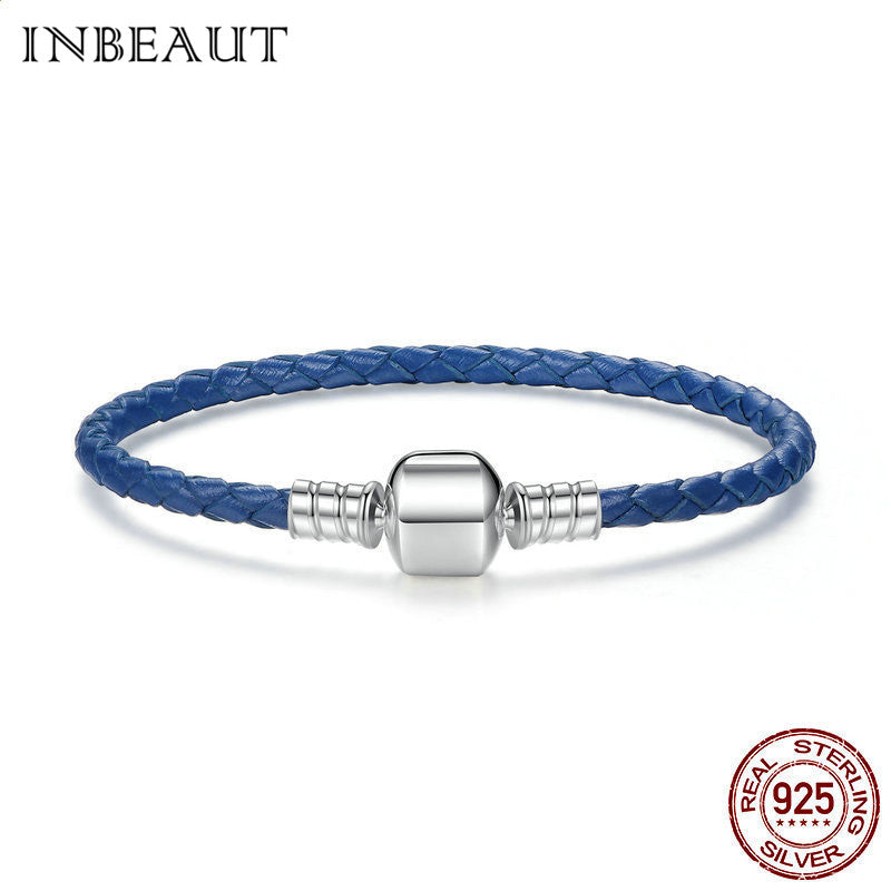 Trendy 100% Real 925 Sterling Silver Pink Blue Cowhide Rope Buckle Chain Bracelet for Women Wedding Gift Fine Jewelry