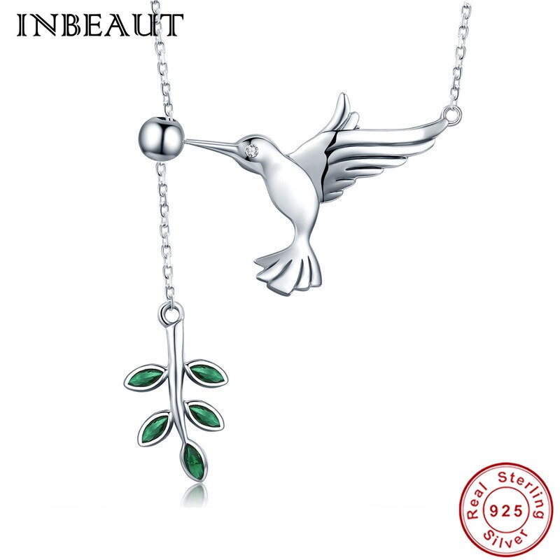 INBEAUT Women 925 Sterling Silver Cute Humming Flying Bird Greetings Tree Leaf Pendant Necklace for Date Jewelry Daughter Gift