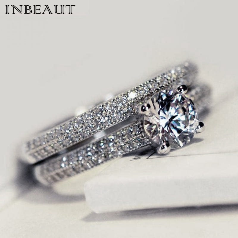 Women Wedding Ring Set Sparkling Perfect Round Cut Zircon Stone Rings Female Party Jewelry 2 Color Silver&Rose Gold