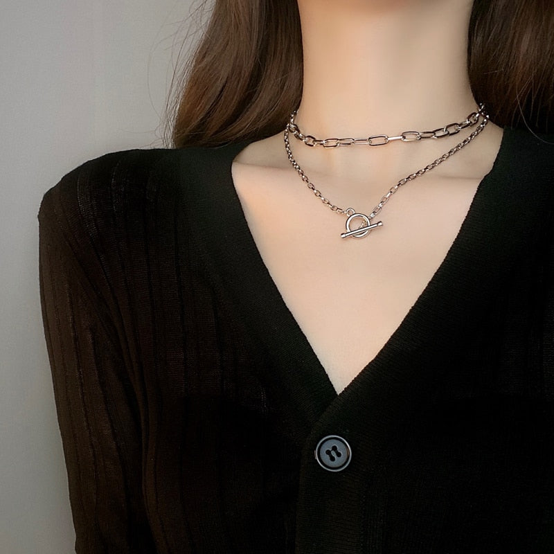 INS   Link Chains T Bar Pendant Double Layer Chunky Chain Choker Necklace 496