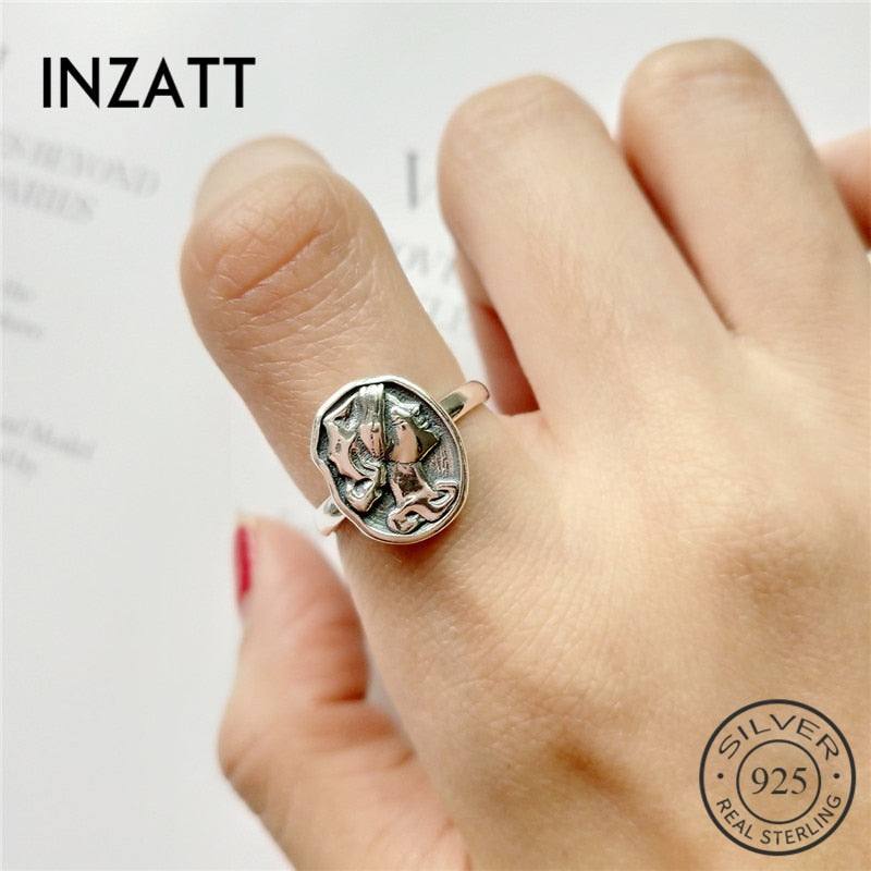 100% 925 Sterling Silver Irregular Round Vintage Portrait Openwork Ring Personality Fine Jewelry For Bague femme mode
