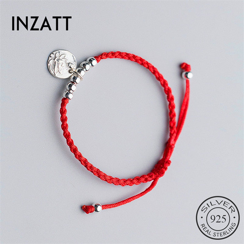Authentic 925 Sterling Silver Ethnic Red Rope Beads Disc Lotus Flower Bracelet Fine Jewelry For Women Cute Accessories