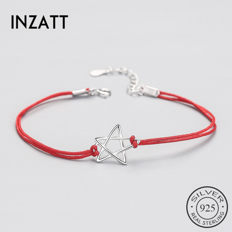 Authentic 925 Sterling Silver Ethnic Red Rope Hollow Star Bracelet Fine Jewelry For Women Party Trendy Accessories Gift