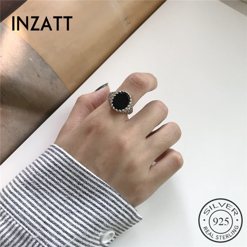 Authentic 925 Sterling Silver Round Black Agate Vintage Pattern Openwork Ring For Fashion Women Fine Jewelry Accessories