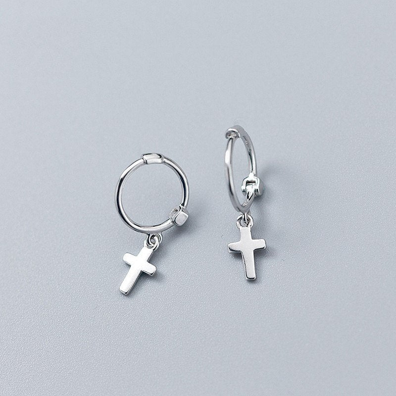 Brand Popular Cross Pendant Real 925 Sterling Silver Hoop Earrings For Women Prevent Allergy Girls Kids Fine Jewelry Gift