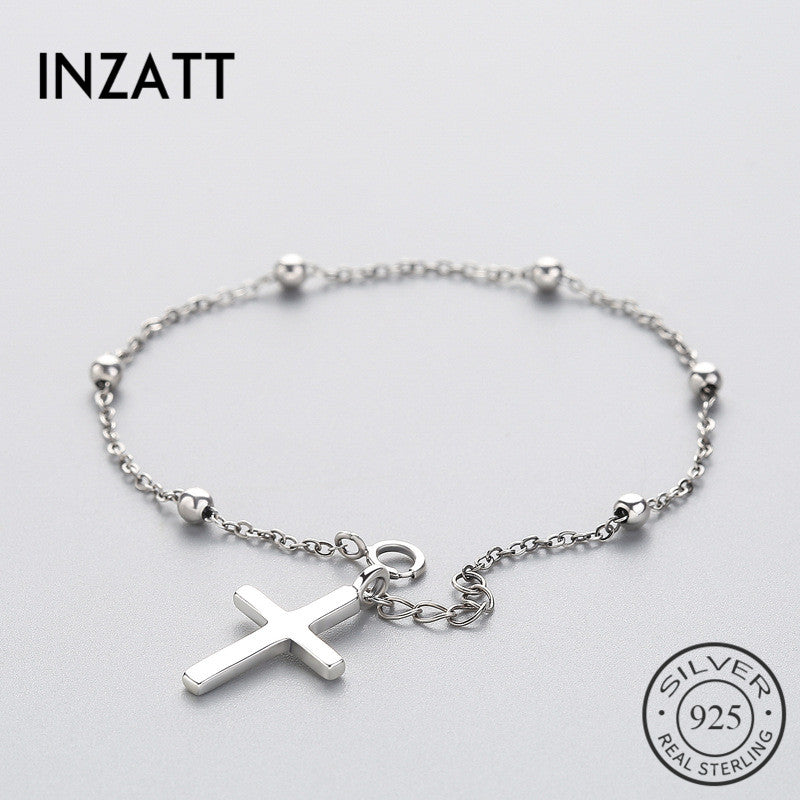 Classic 925 Sterling Silver Glossy Cross Round Beads Bracelet For Women Metal Chain Link Fine Jewelry Birthd Party Gift