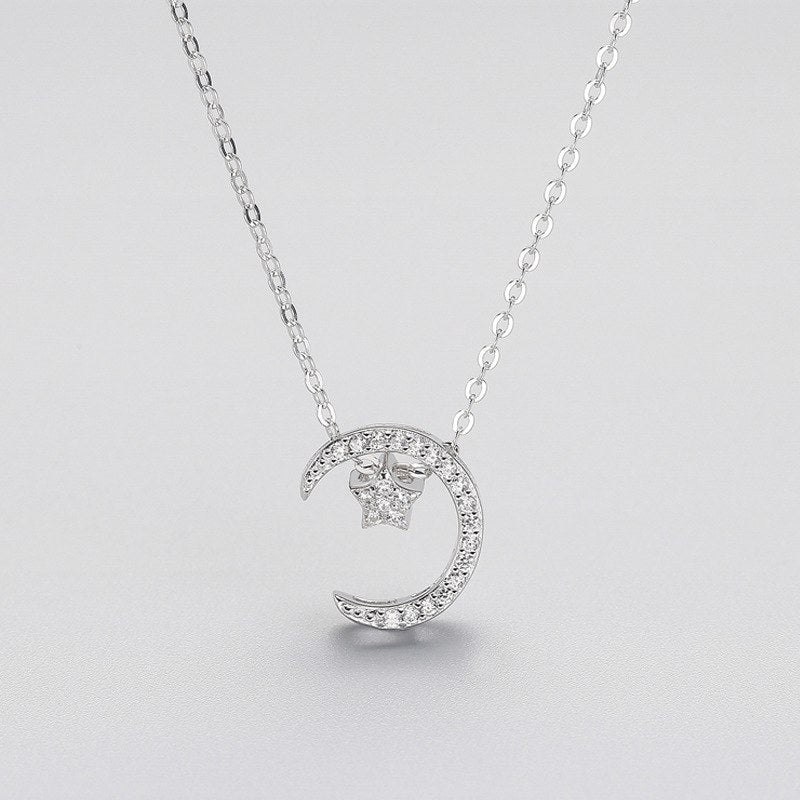 Exquisite Zircon Moon Star Pendant Necklace for Charm Women Wedding 925 Sterling Silver Fine Jewelry Accessories Gift