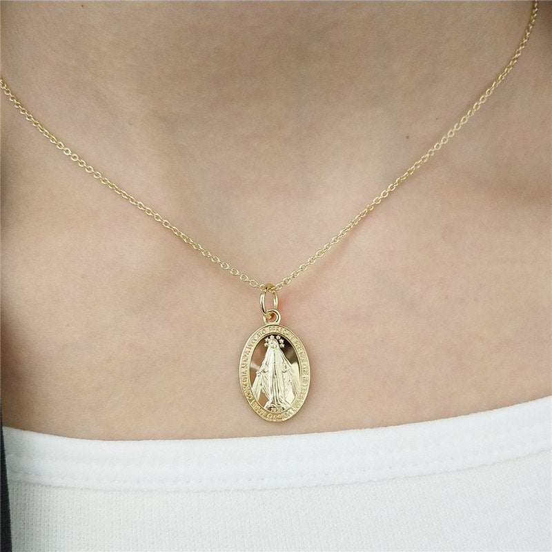 Gothic Religion Holy Mother Maria Pendant Necklace 925 Sterling Silver Fashion Jewelry Gold Color For Women Party Gift