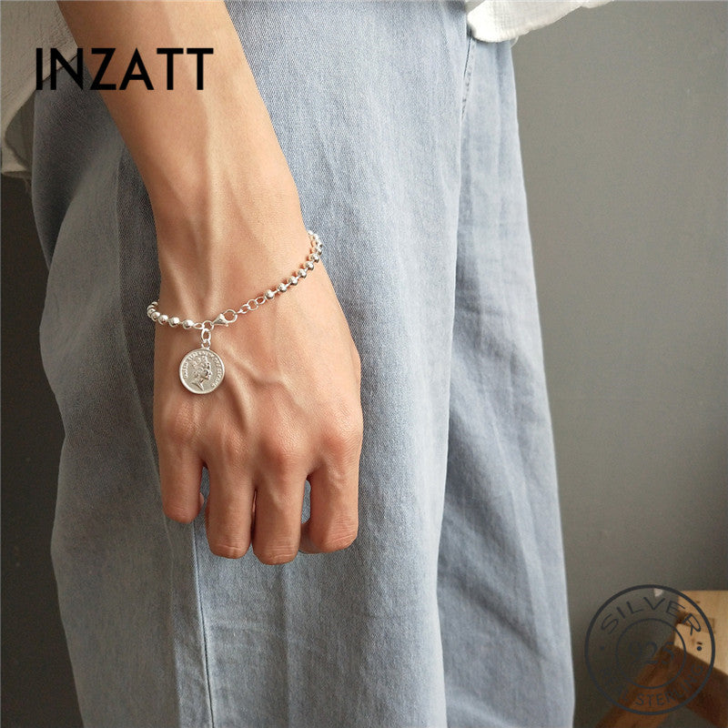 Queen Coin Pendant Bracelet Real 925 Sterling Silver Light Bead Chain Fine Jewelry For Women Boho Accessories