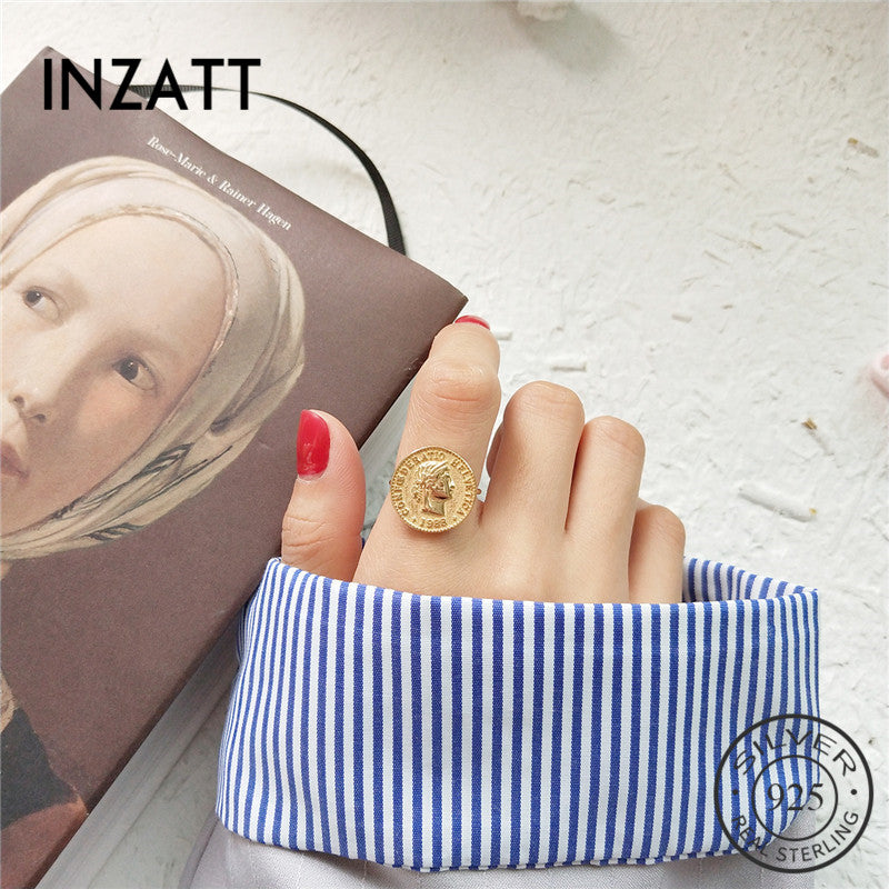 Real 925 Sterling Silver Disc Elizabeth Badge Round Coin Vintage Openwork Ring Fine Jewelry For Bague femme mode Gift