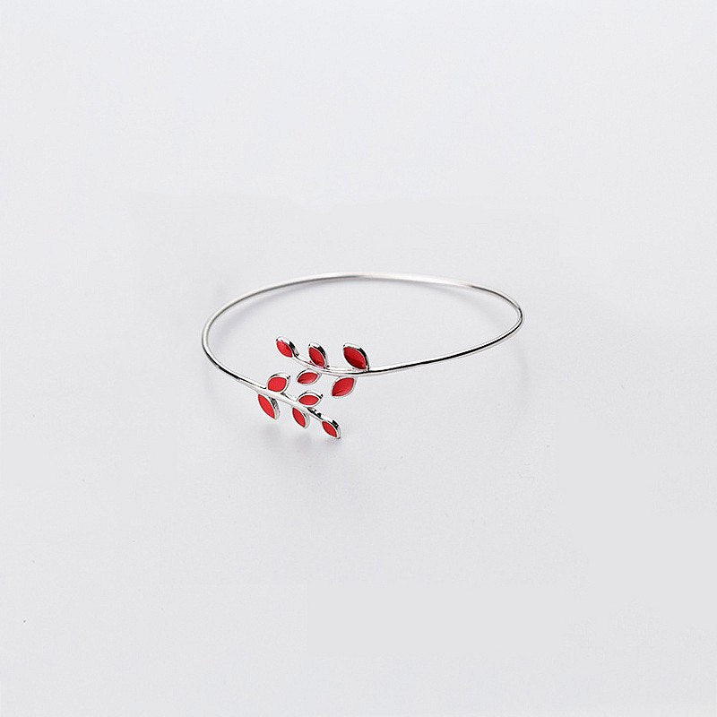 Real 925 Sterling Sliver Enamel Red Green Colors Leaves Plant Bracelet Fine Jewelry For Women Party Cute Accessories Gift