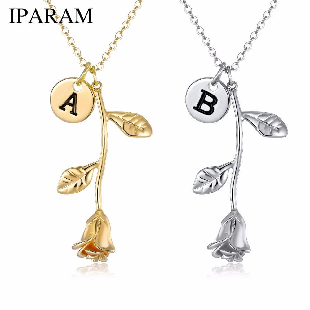 26 Letter Personalized Name Jewelry Rose Engrave Letter Discs Choker Rose Flower Necklace Pendant for Trendy