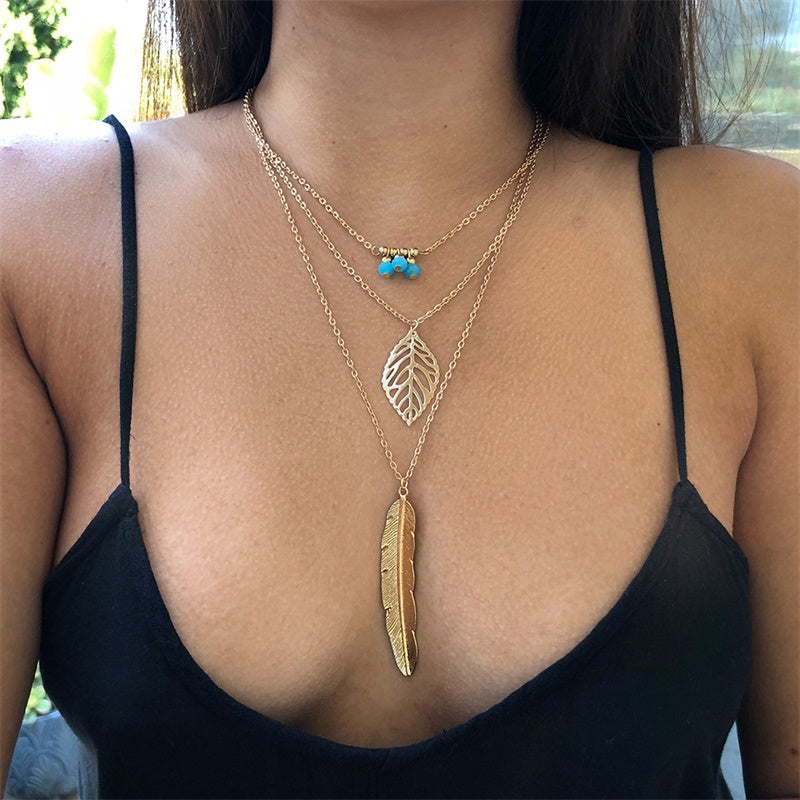 Bohemian Vintage Feather Necklace 3 Layers Leaf Female Long Handmade Pendant Necklace Fashion Bijoux Jewelry