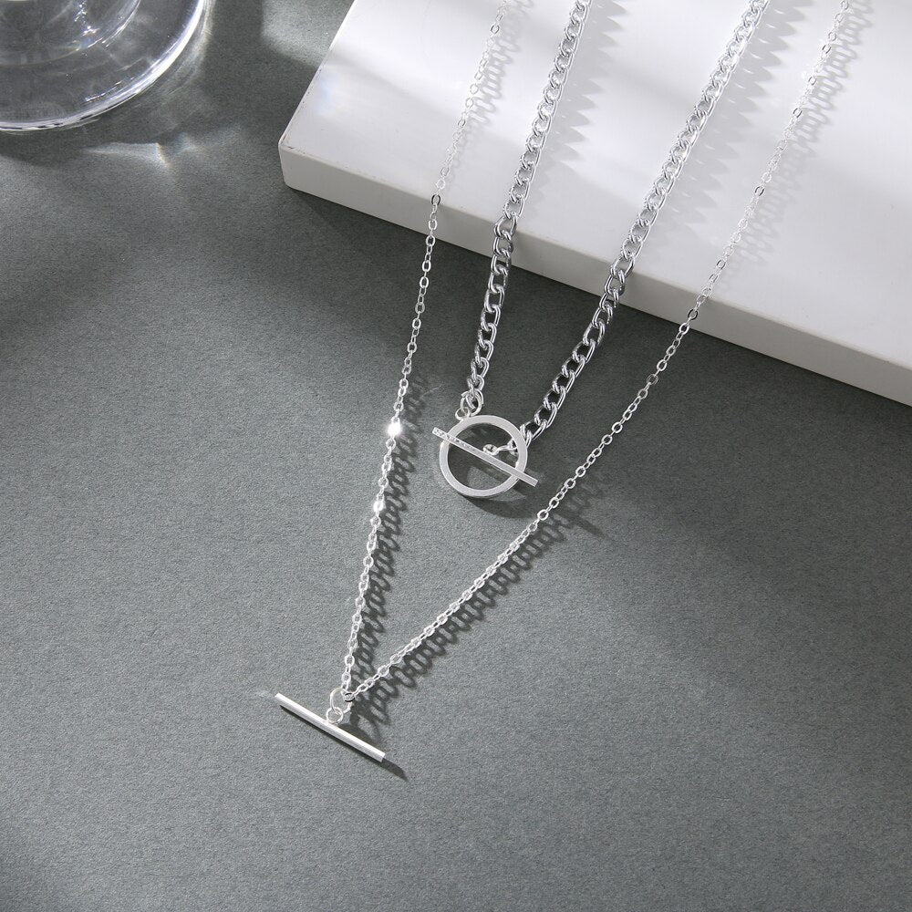 IPARAM  Simple Layered OT Buckle Necklace Female Vintage Double Chain Geometric Pendant Collar Necklace Jewelry Gift