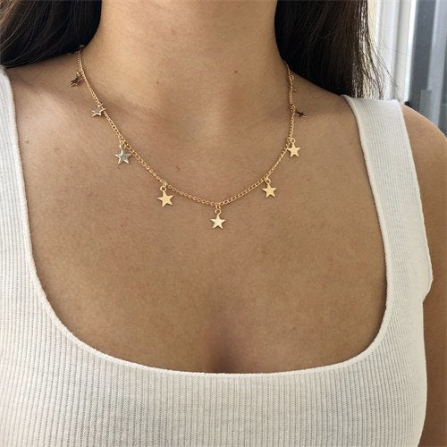 Fashion Women Gold Color Chain Tassel Star Pendant Necklace And Heart Pendant Necklace Woman Choker Necklaces