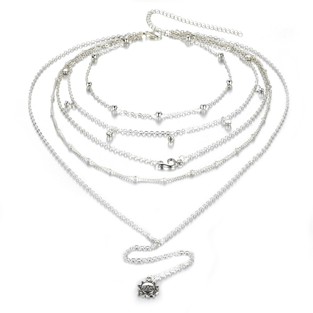 New Bohemian 5 Layer Long Choker Necklace Sun Charm Pendant Necklace For Women Collier Femme Gifts