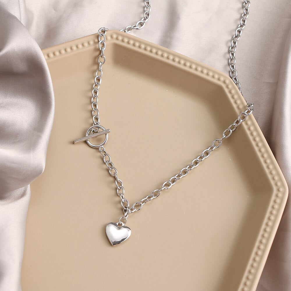 IPARAM Punk Metal Heart OT Buckle Chain Necklace Women's Retro Silver Color Thick Chain Collar Pendant Necklace Bohemian Jewelry