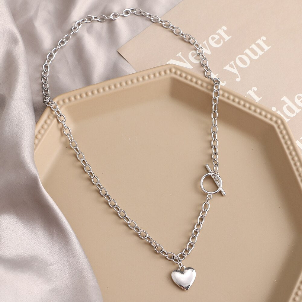 IPARAM Punk Metal Heart OT Buckle Chain Necklace Women's Retro Silver Color Thick Chain Collar Pendant Necklace Bohemian Jewelry