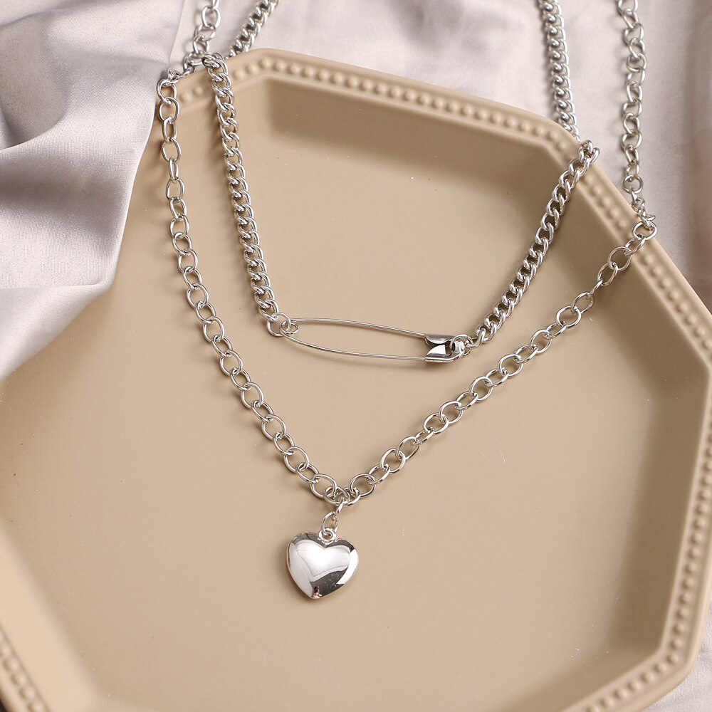 IPARAM Punk Metal Heart OT Buckle Chain Necklace Women's Retro Silver Color Thick Chain Collar Pendant Necklace Bohemian Jewelry