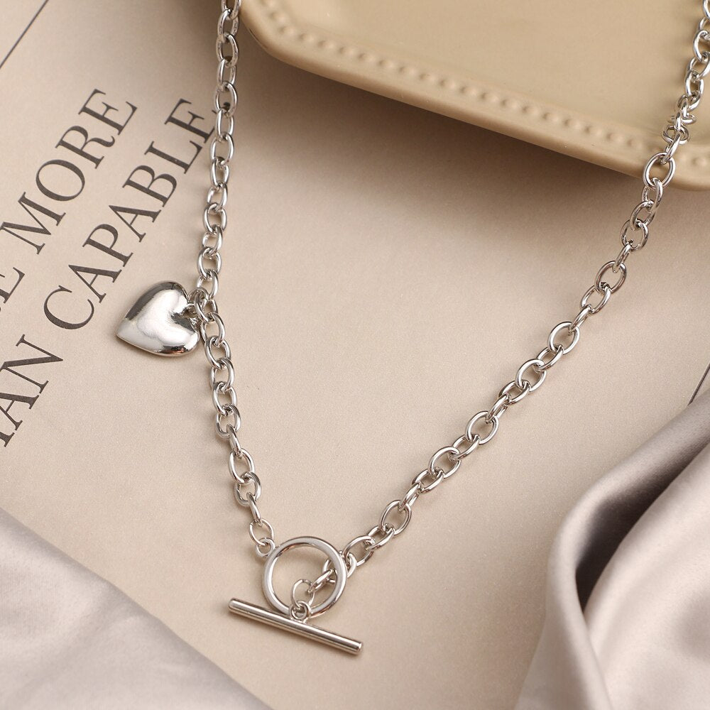 IPARAM Punk Metal Heart OT Buckle Chain Necklace Women's Retro Silver Color Thick Chain Collar Pendant Necklace Bohemian Jewelry