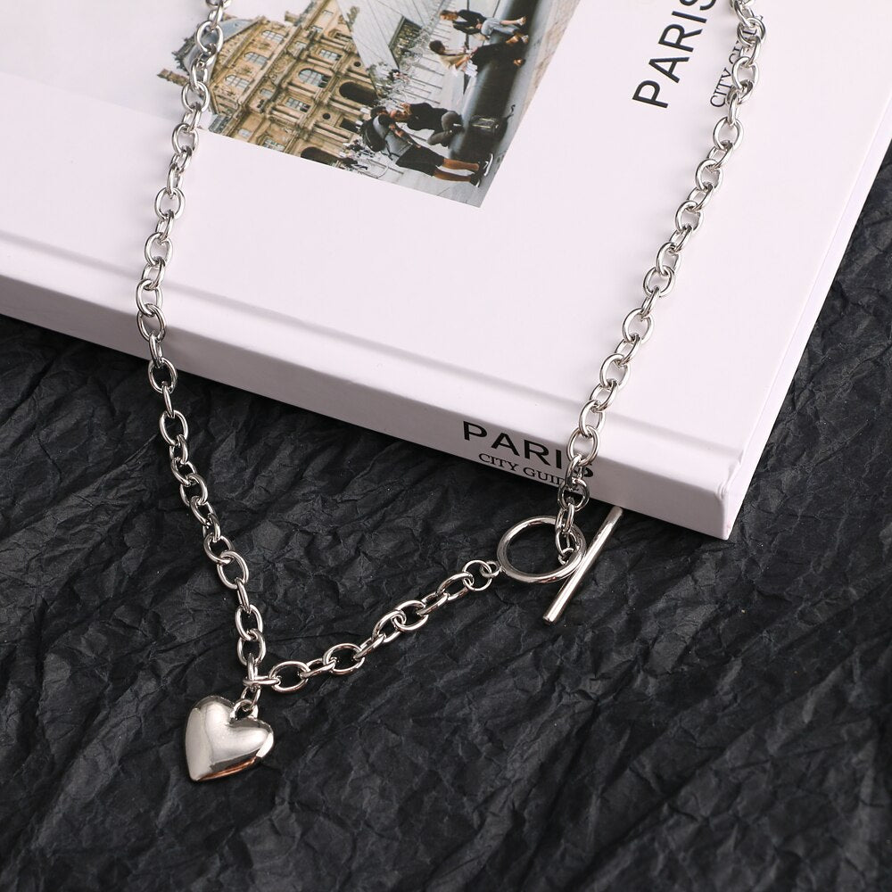 IPARAM Punk Metal Heart OT Buckle Chain Necklace Women's Retro Silver Color Thick Chain Collar Pendant Necklace Bohemian Jewelry