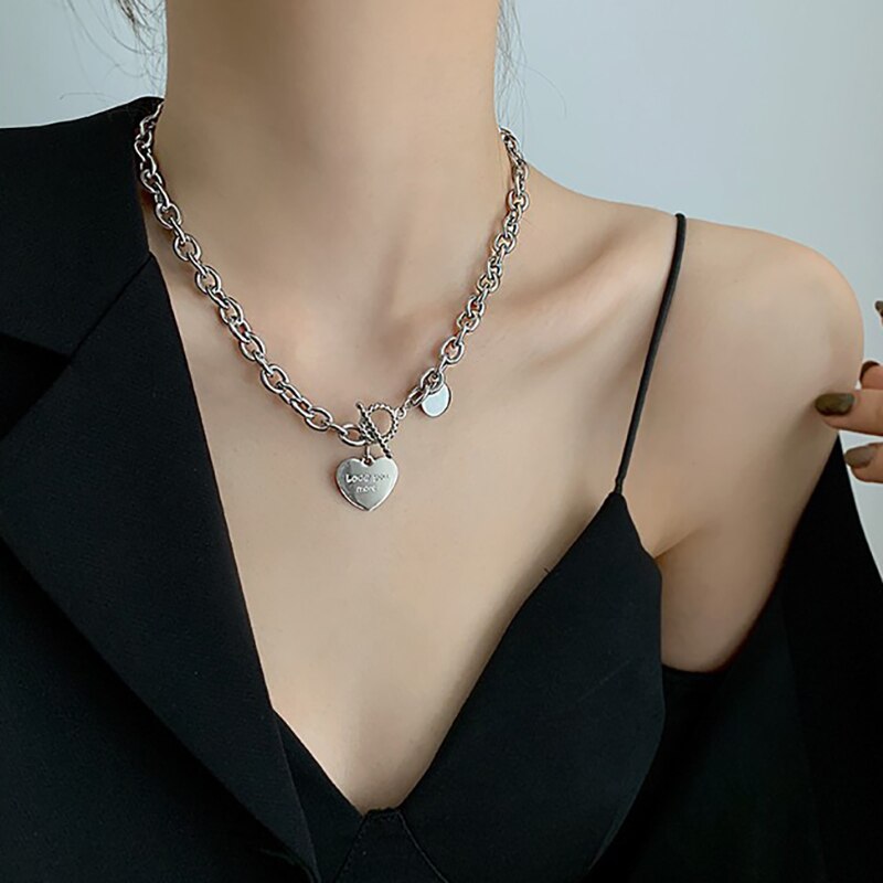 IPARAM Punk Metal Heart OT Buckle Chain Necklace Women's Retro Silver Color Thick Chain Collar Pendant Necklace Bohemian Jewelry