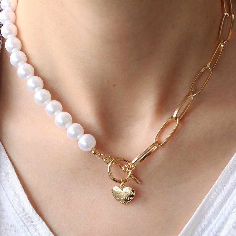 IPARAM Vintage Pearl Heart Thick Chain Clavicle Necklace 2021 Gothic Circle Heart Geometric Short Necklace Women Jewelry