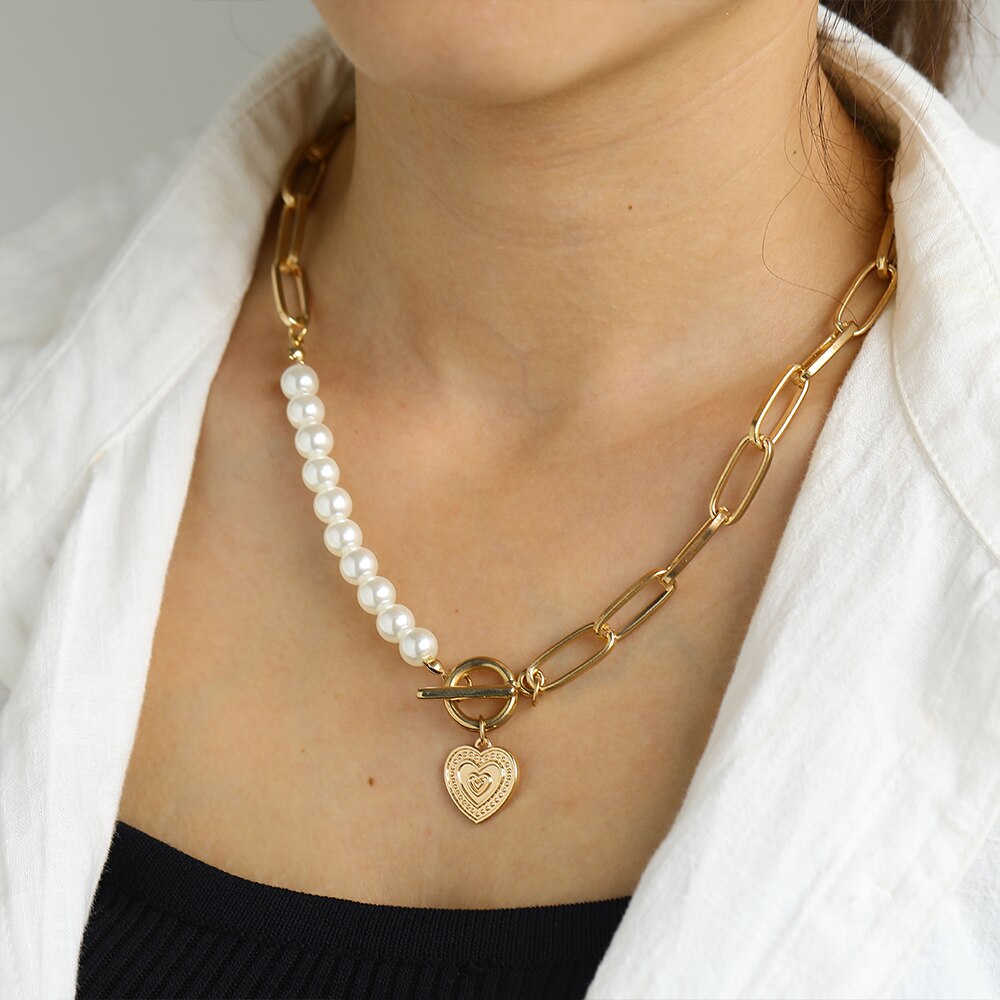 IPARAM Vintage Pearl Heart Thick Chain Clavicle Necklace 2021 Gothic Circle Heart Geometric Short Necklace Women Jewelry