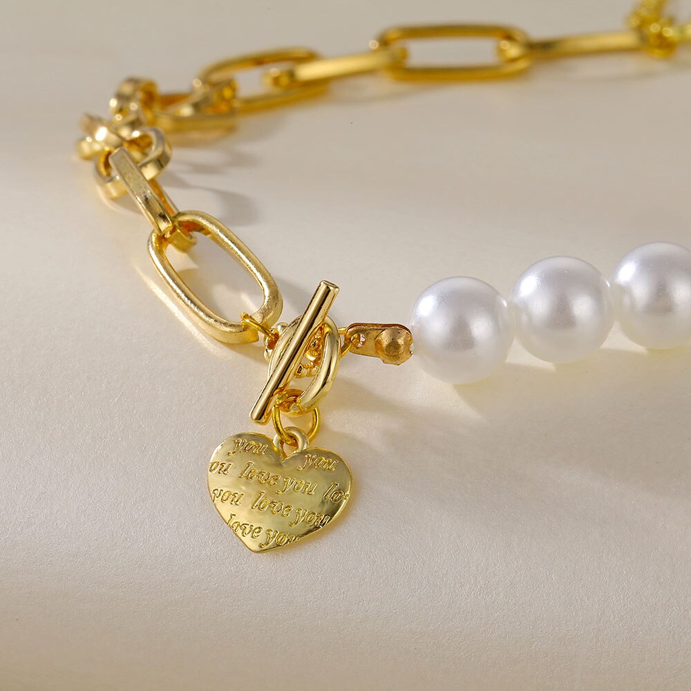 IPARAM Vintage Pearl Heart Thick Chain Clavicle Necklace 2021 Gothic Circle Heart Geometric Short Necklace Women Jewelry