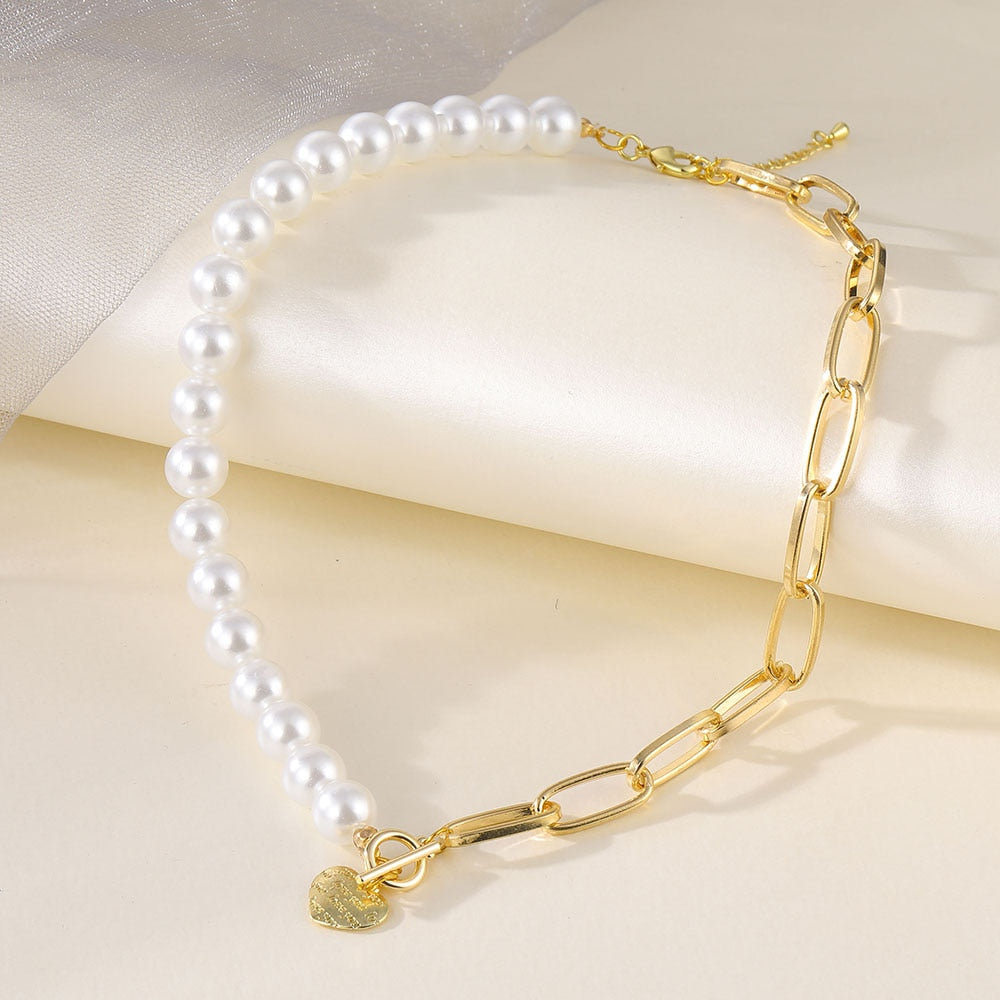 IPARAM Vintage Pearl Heart Thick Chain Clavicle Necklace 2021 Gothic Circle Heart Geometric Short Necklace Women Jewelry