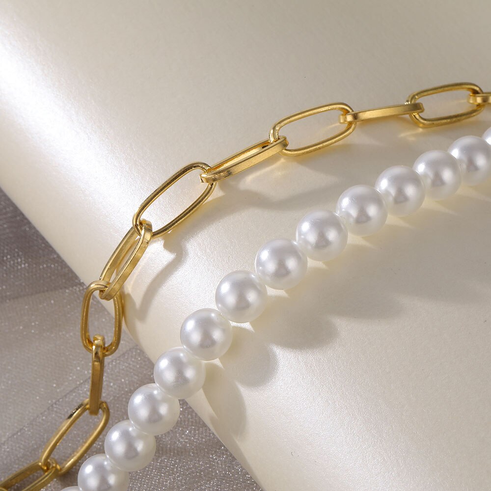 IPARAM Vintage Pearl Heart Thick Chain Clavicle Necklace 2021 Gothic Circle Heart Geometric Short Necklace Women Jewelry