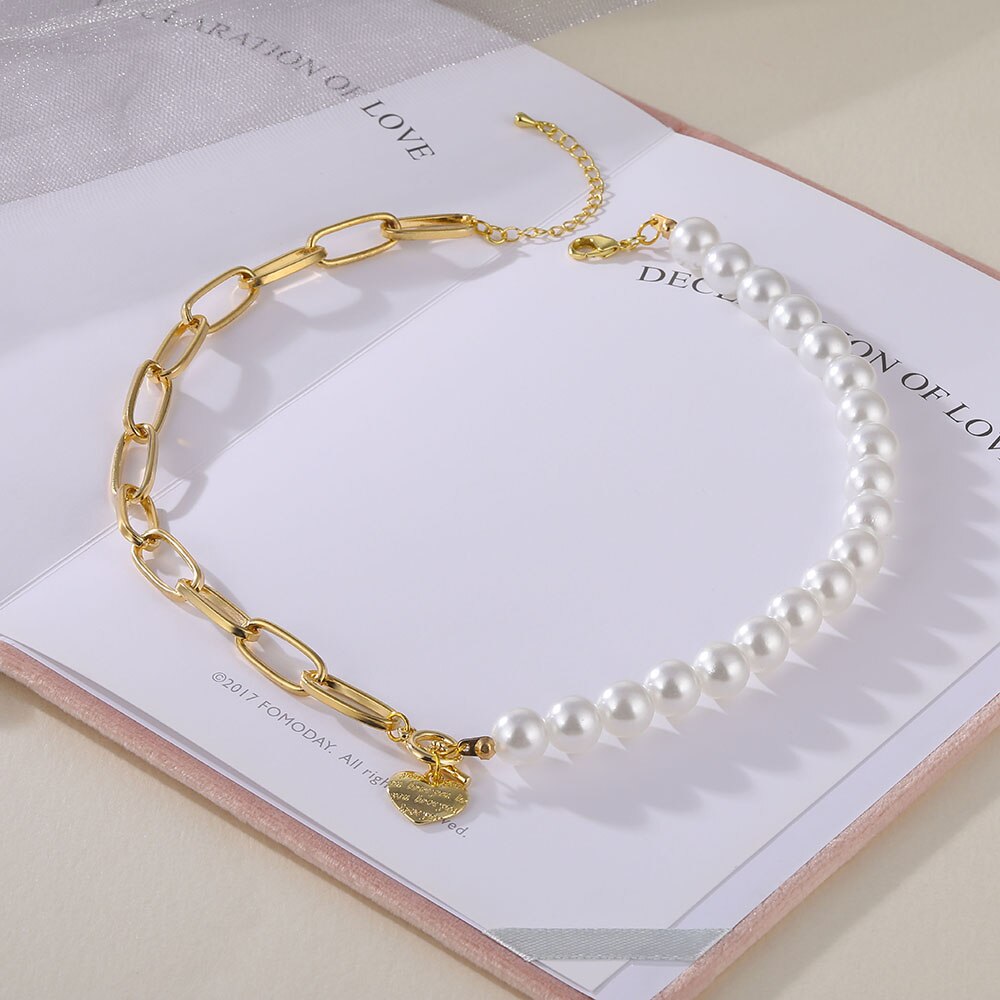 IPARAM Vintage Pearl Heart Thick Chain Clavicle Necklace 2021 Gothic Circle Heart Geometric Short Necklace Women Jewelry