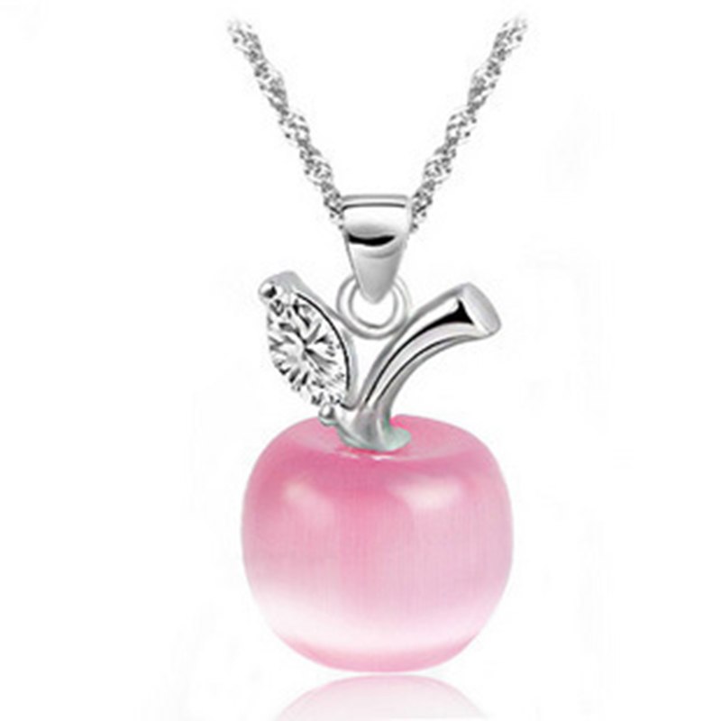 Fashion Crystal Apple Pendant Silver Chain Fruit Necklace For Women Girls Elegant Jewelry Pink Red Blue White Green Opal