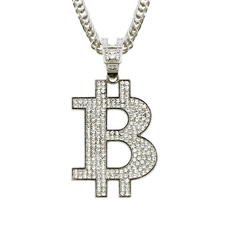 Iced Out Bling Bitcoin Pendant Necklace Dollar Symbol Micro Pave Crystal Zircon Hip Hop Money B Letter Charm Jewelry