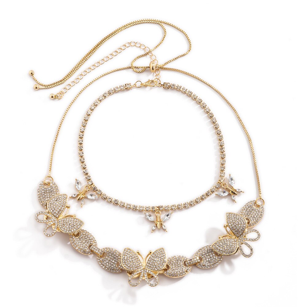 Iced Out Bling Crystal Rhinestone  Cuban Metal Choker Necklace for Women Charm Butterfly Necklace Hip Hop  Jewelry Gift