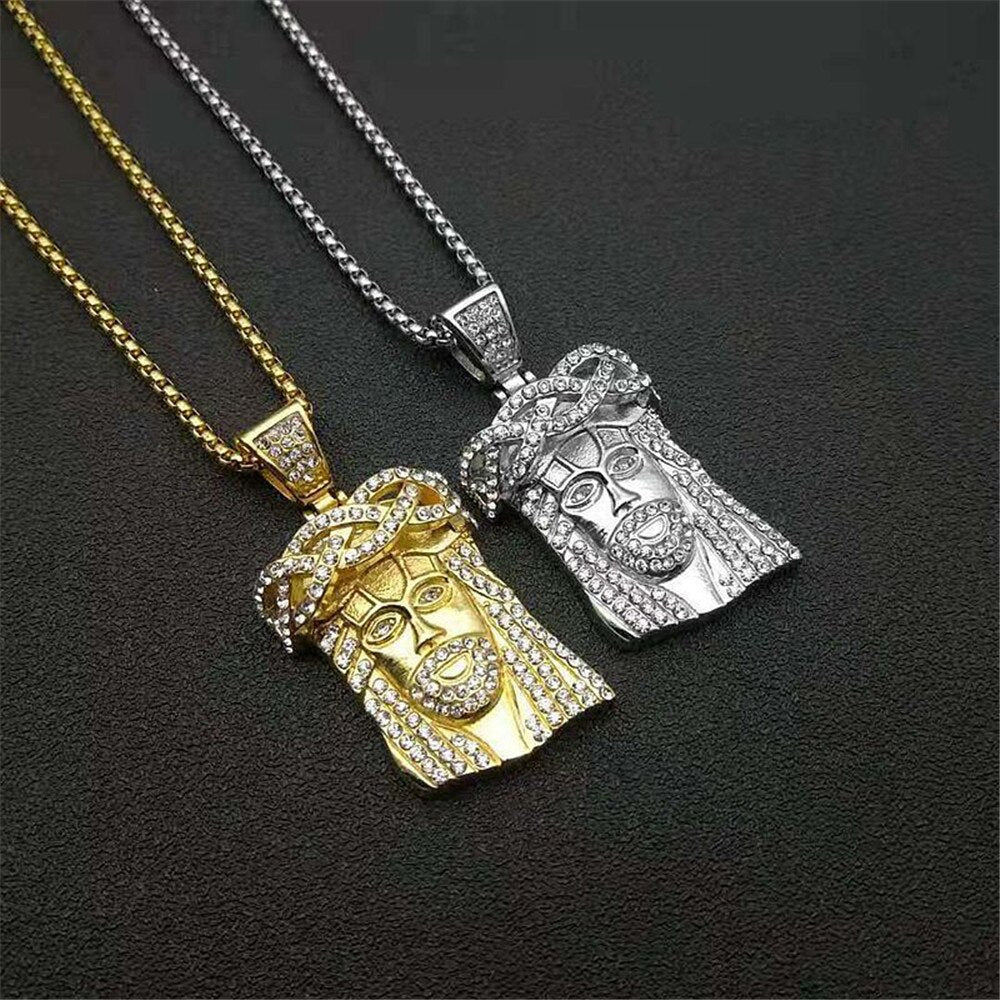 Iced Out Bling Jesus Head Pendant With Chain Stainless Steel Rhinestone Gold Color Men's Hip Hop Street Jewelry