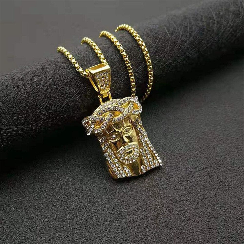 Iced Out Bling Jesus Head Pendant With Chain Stainless Steel Rhinestone Gold Color Men's Hip Hop Street Jewelry