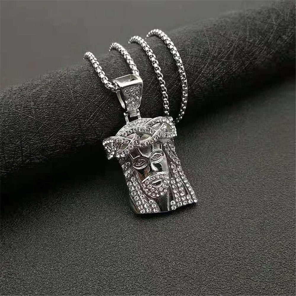 Iced Out Bling Jesus Head Pendant With Chain Stainless Steel Rhinestone Gold Color Men's Hip Hop Street Jewelry