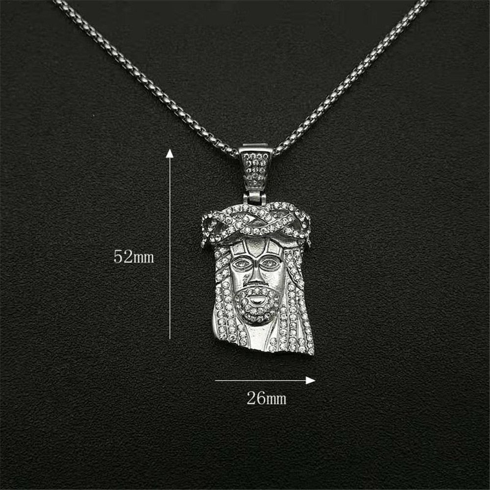 Iced Out Bling Jesus Head Pendant With Chain Stainless Steel Rhinestone Gold Color Men's Hip Hop Street Jewelry