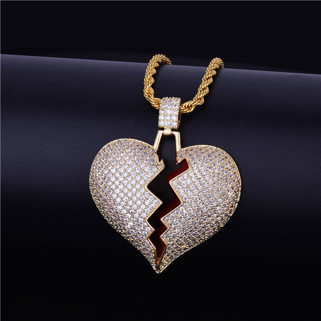 Iced Out Broken Heart Necklace & Pendant With Tennis Chain Gold Color Bling Cubic Zircon Men's hop Jewelry For Gift