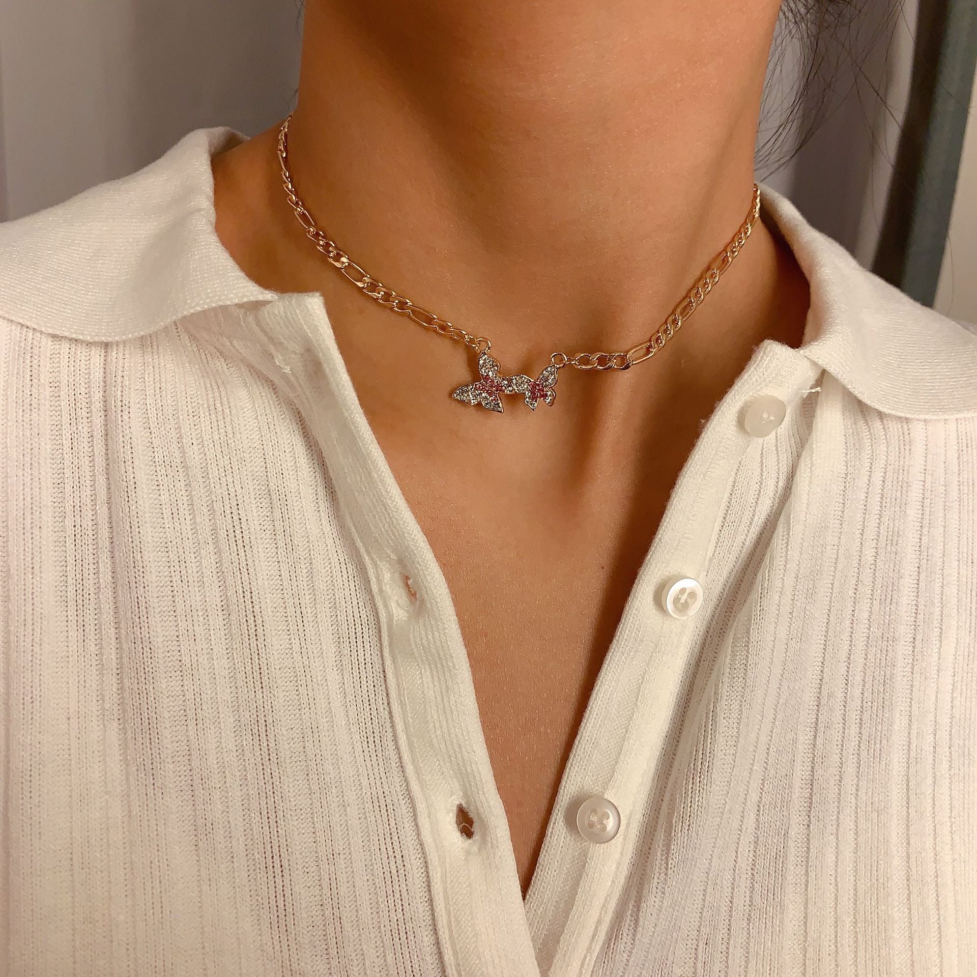 Iced Out Butterfly Necklace Cuban Link Chain Choker Necklace Women Girls Butterfly Chains Bling Hip Hop Pendant Jewelry