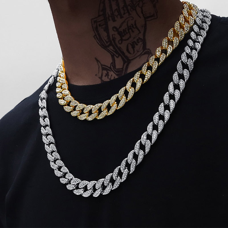 Iced Out Chain Hip Hop Necklace Charms Jewelry Gold Silver Color Rhinestone CZ Clasp Choker For Men Rapper Bling Long Necklace