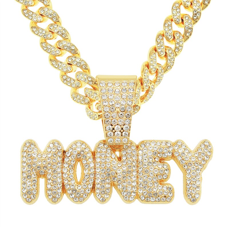 Iced Out Crystal Letter Money Pendant With Hip Hop Big 13mm Miami Cuban Chain Necklace For Men Party Jewelry